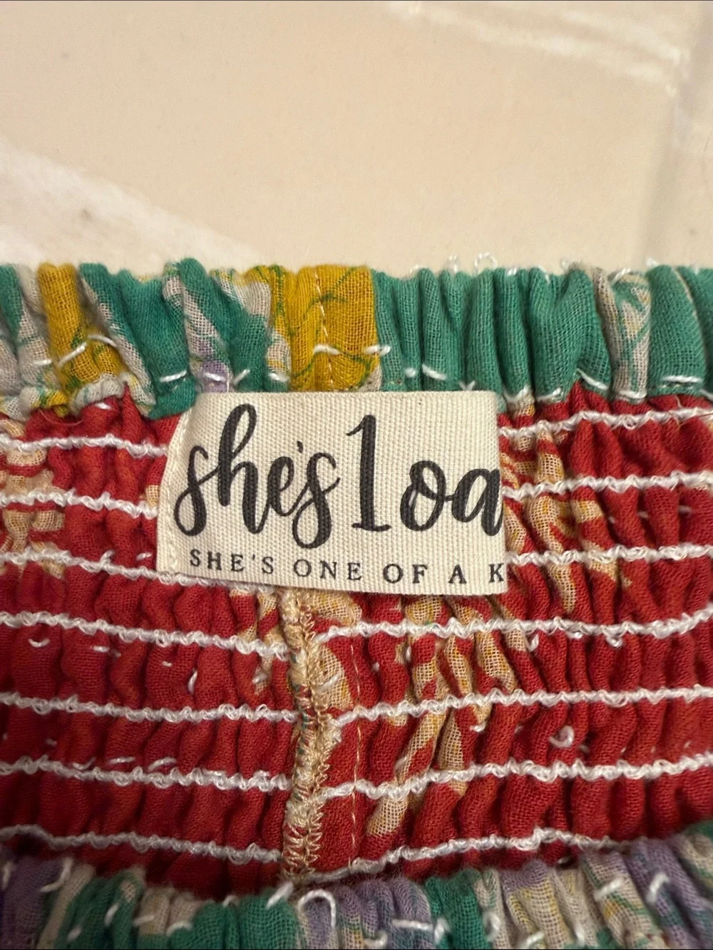She’s One Oak “Billy’s” Patchwork Multicolor Smocked-Waist shorts